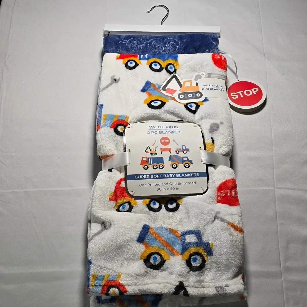 Dream Kids 2 Pack Super Soft Baby boy Blankets Construction Truck Blue 30x40 NWT